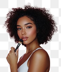 PNG African American woman with curly hair holding a makeup brush background cosmetics portrait.