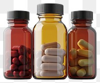 PNG An isolated transparent three bottle full of capsule vitamin with vitamins pills around the bottle capsules bottles pharmaceutical.