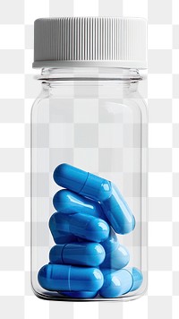 PNG An isolated transparent bottle full of blue capsule vitamin capsules pharmaceutical blue capsules.