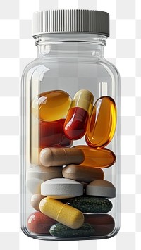 PNG An isolated few transparent bottle full of capsule vitamin with vitamins pills around the bottle for medicine ad medication capsules medical.