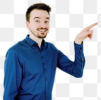 PNG Man in a blue shirt background pointing smiling.