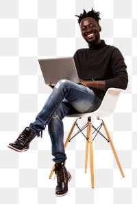 PNG Black man smile to a camera with a laptop sitting background chair.