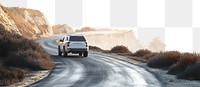 PNG SUV driving down coastal cliff curve.