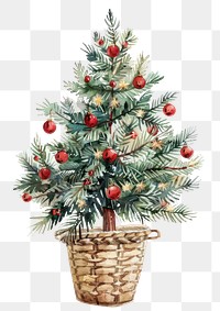 PNG Watercolor christmas tree in a basket illustration decoration art.