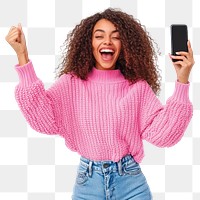 PNG Young mix race woman smiling sweater celebrating background.