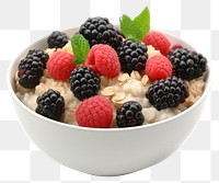 PNG Oatmeal porridge with mix-burry in bowl raspberry fruit plant.