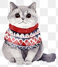 PNG British Shorthair cat wearing Christmas sweater art illustration watercolor.