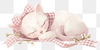 PNG White kitten sleep illustration gingham ribbon.