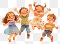 PNG A cute four kids jumping together happy art illustration watercolor.