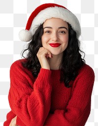 PNG Woman wearing Christmas-themed and a Santa hat sweater happy expression.