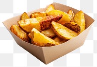 PNG A real savory wedge fries served in takeaway packaging wedges food appetizer.