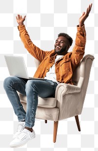 PNG Happy black man sitting in an armchair laptop background raised.