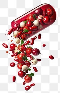 PNG Red and white capsule with fruits and vegetables falling out from top to bottom plant pill food.