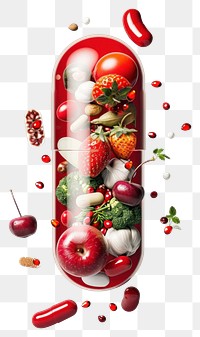 PNG Red and white capsule with fruits and vegetables falling out from top to bottom plant food pill.
