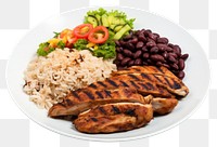 PNG Rice beans grilled chicken steak salad and farofa plate meal food. 