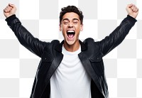 PNG Young man cheering open arms shouting white background achievement. AI generated Image by rawpixel.