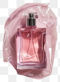 PNG  Plastic wrapping over a perfume bottle cosmetics container purple.
