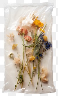 PNG  Plastic wrapping over dried flowers petal plant white background.