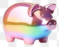 PNG  Metal piggy bank iridescent mammal white background representation.