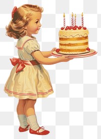 PNG Vintage illustration a little girl cake birthday dessert.