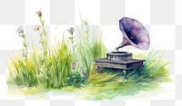 PNG  Gramophone in the middle of grass field flower plant water. AI generated Image by rawpixel.