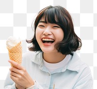 PNG Japanese woman travel food laughing outdoors. 