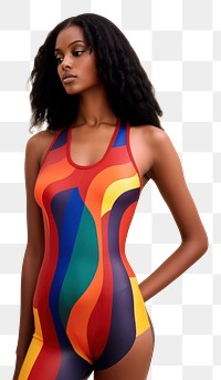 PNG A black woman with long hair wearing modern colorful photography swimwear portrait.