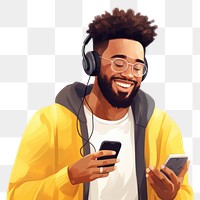 PNG Cheerful black man using phone headphones headset glasses.