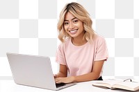 PNG Woman using laptop computer sitting smile. AI generated Image by rawpixel.