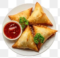 PNG  Samosa on dish ketchup food white background.