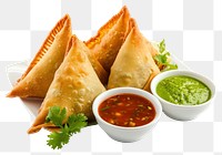 PNG  Vegetarian samosas filled with potato and green pea served with different sauces food meal dip.