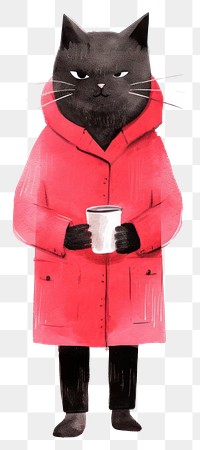 PNG Cat wear wintr coat hold coffee cup mammal animal pet.