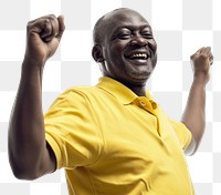 PNG African mid-age man dance laughing portrait yellow. AI generated Image by rawpixel.