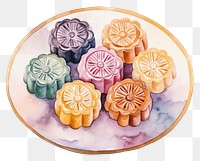 PNG Watercolor 4 mooncakes on plate dessert food white background. AI generated Image by rawpixel.
