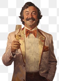 PNG A 1970s Man happy and holding a wine glass painting portrait smile.