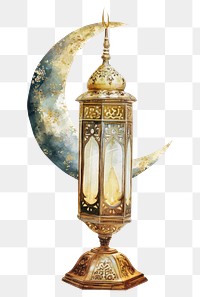 PNG  A Golden ramadan Lantern with Moon Crescent behind lantern lamp gold.
