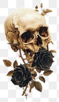 PNG  A japanese Skull with black roses art flower plant.
