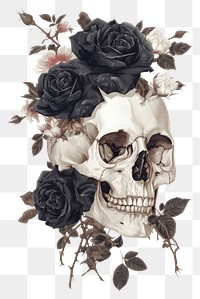 PNG  A japanese Skull with black roses art pattern drawing.