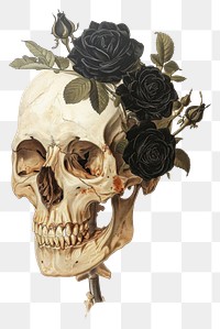 PNG  A japanese Skull with black roses art painting flower.