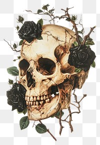PNG  A japanese Skull with black roses art painting flower.