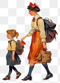 PNG  A mother and school kid walking together footwear bag white background.
