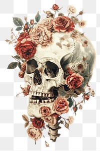 PNG  A Skull with roses painting art pattern.
