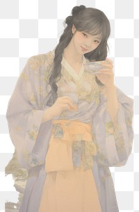 PNG Japanese woman in kimono holding a tea cup portrait fashion dress.