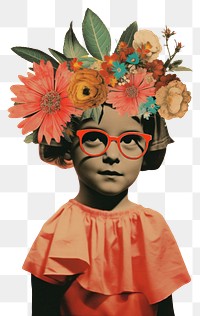 PNG An American little girl wearing glasses and a flower crown photography portrait painting.