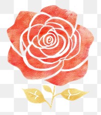 PNG  Watercolor red rose with thin gold glitter sketch line stroke flower plant art.