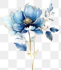 PNG  Blue flower watercolor and golden line art blossom petal plant.