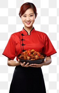 PNG Chinese woman holding Kung Pao Chicken food adult chef white background.