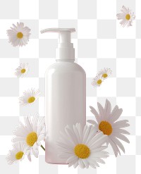 PNG Body lotion packaging mockup daisy flower bottle.