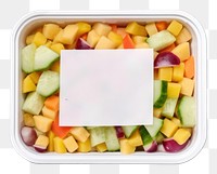 PNG Takeaway food container box mockup with vegetable and blank label mockup packaging lunch meal dish.