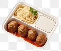 PNG Takeaway food container box mockup with Spaghetti And Meatballs and blank label mockup packaging meatball spaghetti vegetable.